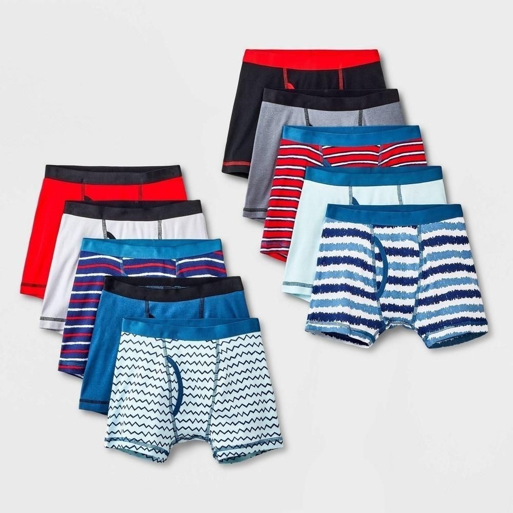 Boys' 10pk Striped Boxer Briefs - Cat & Jack™ Red/Blue M: Cotton Knit, Tagless